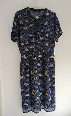 Navy Nautical Boat Print Dress Size 12 Collectif Lindy Hop Seasalt • £14