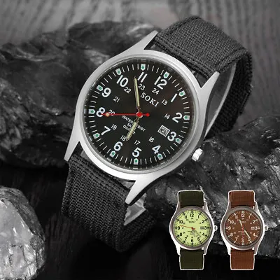 £4.07 • Buy Mens Watches Military Leather Date Canvas Quartz Analog Army Casual Wrist Watch