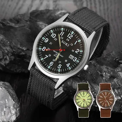 Mens Watches Military Leather Date Canvas Quartz Analog Army Casual Wrist Watch • £4.53