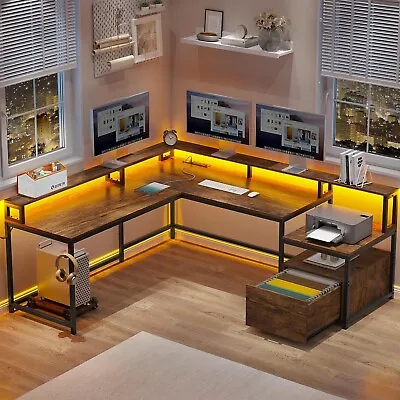 L Shaped Computer Desk With Led Light 66  Home Office Desk With Power Outlet • $149.97