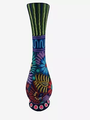 Mexican Terracotta Hand Painted 12  Colorful Vase Floral Bird Theme • $21