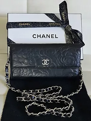 CHANEL Black Lambskin Camellia Embossed Wallet W/ Box & Cert. Of Authenticity • $192.50