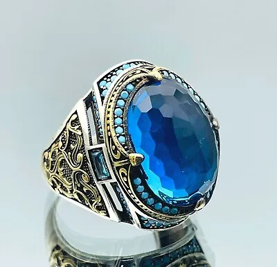 Men Aqumarine Stone Ring 925 Silver Ring Turkish Handmade Authentic Gift For Him • $72