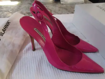 Manolo Blahnik Hot Pink Patent Leather Stiletto Heel Slingbacks Sz 8B Ret. $515 • $99