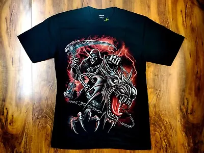 T-Shirt Glow In The Dark Grim Reaper Scythe Dragon Skull Gothic Mens Black L • $35.99