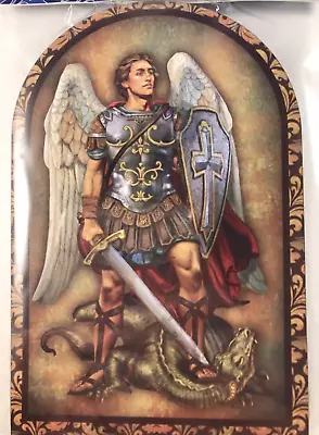 ST. MICHAEL ARCHED DESK PLAQUE W/ ATTACHED STAND • $7.95