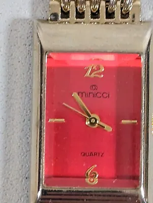 Minicci Red Dial Gold Tone Rectangle Case Red Crystal Accent Chain Band Watch • $13.99
