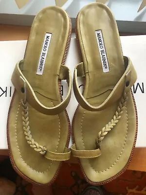 Manolo Blahnik Olive Leather Thong Sandals 39 1/2 8.5-9 Box Free US S/H • $89.99