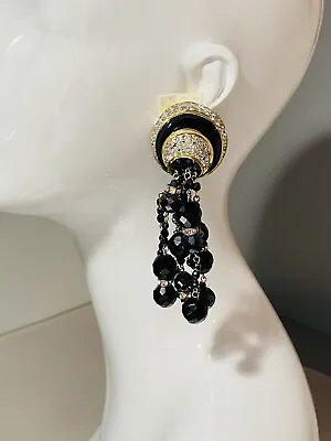 Vintage Signed Valentino Massive 4in Gold & Black Bead Crystal Enamel Earrings • £192.03