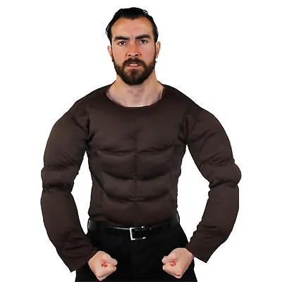 Mens Padded Brown Muscle Chest Top Strongman Shirt Tv Army Fancy Dress Costume  • £17.99