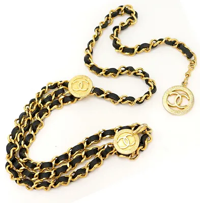 CHANEL 3-Tier Strand Leather Round Coin Chain Belt 28  Gold Tone Auth #20231 • £900.33