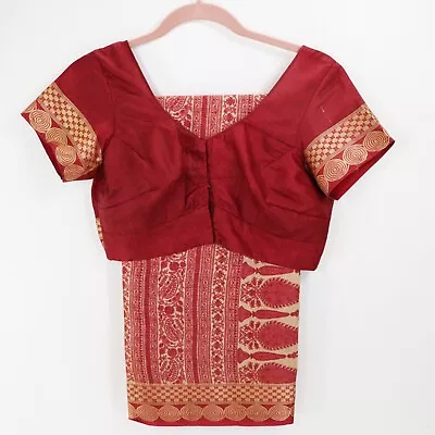 Vintage Indian Silk Saree Choli Dress Top Set M 8 10 Cranberry Gold Geo Pallu • $34.46