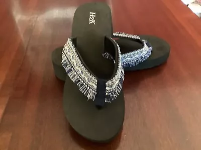 $10.99 • Buy Sandals Slides Flip Flops Thong Shoes Size 8 Blue Braid Straps, Fringe, Bling