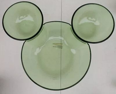 DISNEY MICKEY MOUSE CHIP & DIP BOWL 14.5x12  GREEN Transparent MOUSE EARS. VGC • $19.99