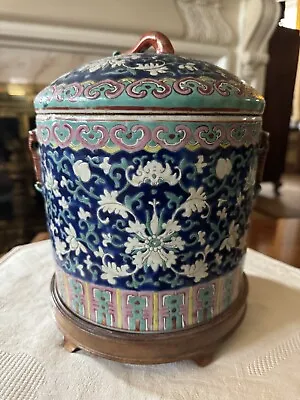 Antique Late 19th Century Qing Dynasty Ceramic Ice Bucket With Lid And Stand • $476