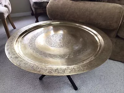 Solid BRASS MOROCCAN TABLE 32” Round Hand Carved Folding Wood Stand 18” Tall • $575