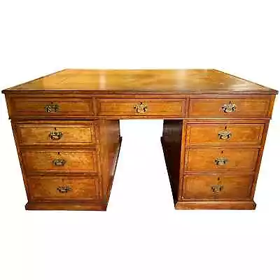 19th Century English Birdseye Maple Partners Desk With Tooled Leather Top • $4800