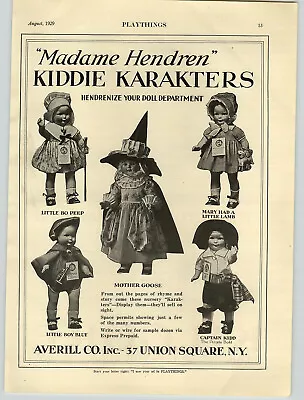 1929 PAPER AD Madame Hendren Kiddie Karakters Dolls Mother Goose Captain Kidd ++ • $14.98