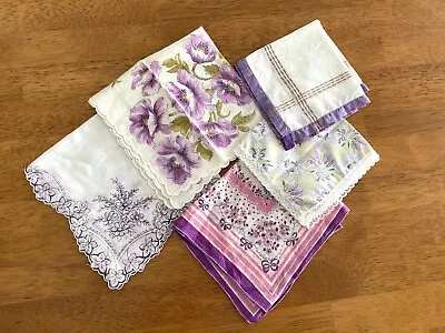 Purple Cotton Hankies Vintage 1950s Mixed Lot 5 Floral Handkerchief Hanky • $14