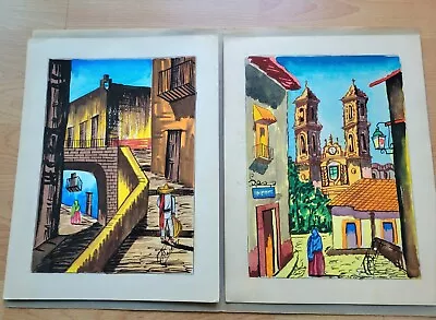 G Rosales Mexican Village Lot Of 2 Mid Century Gouache Watercolor Signed • $75