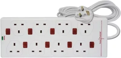 Pro-Elec 5m 8 Way Surge Protected Switched Extension Cord Lead - White • £18.99