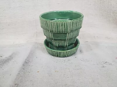 McCoy Pottery USA Green 4  Basket Weave Pot Planter Vintage • $29