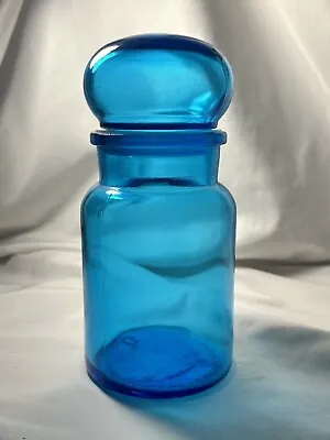 Vintage Apothecary Jar Blue Glass Bubble Lid Bottle Container Belgium MCM 7” • $16