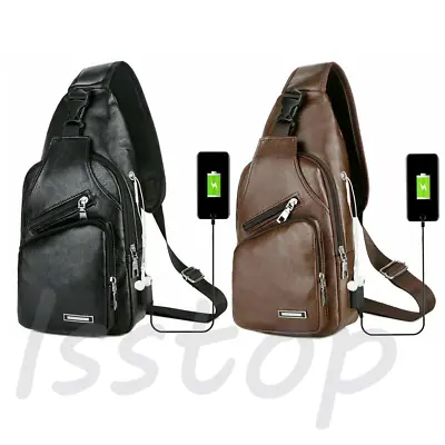 Mens Sling Chest Bag PU Leather Cross Body Fanny Packs USB Charging Backpack US • $8.93