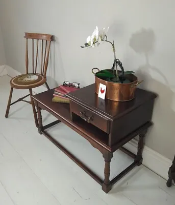 Vintage Oak Hall Table Telephone Table Drawer Shelf Turned Legs • £85