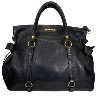$379.99 • Buy MIU MIU Vitello Lux Vitellolux Handbag Bag Side Ribbon Logo Leather Black Women