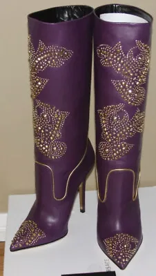  Versace Western Style Gold Studded Stiletto Heel Purple Boots 37.5 • $850