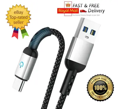 USB C Type Cable Phone Charger Lead Braided LED Data Sync IPhone 15 Plus Pro Max • £3.39