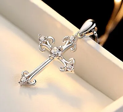 Women's 925 Sterling Silver IP CZ Crystal Cross Pendant Chain Necklace • $8.99