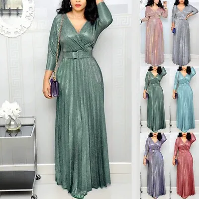 Sparkling Pink Maxi Dress V Neck Long Sleeve Pleated Hem Prom Ball Gown • £28.09