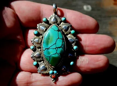 1962 Old Pawn BEGAY Navajo Handmade Sterling Silver & Turquoise & Coral Pendant • $325