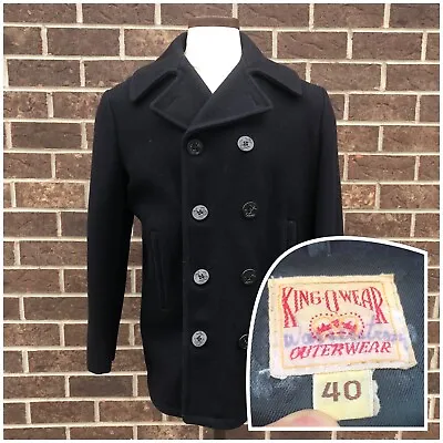Vintage King-O-Wear Black Double Breast Heavy Wool Pea Coat Union Made Men’s 40 • $149.99