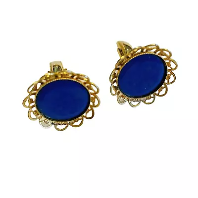 Vintage Mid Century Cufflinks Blue Enamel Rounds Gold Tone Filigree Surround • $24