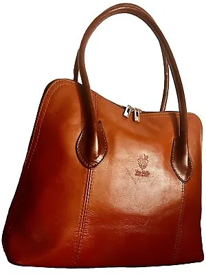 Italian Vera Pelle Shoulder Satchel Tote Handbag 2 Tone Brown Leather Silver Zip • $59