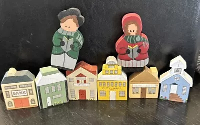 Set Of 8 Primitive Folk Art Wooden Block Village & People House Bank Inn Church • $13.25