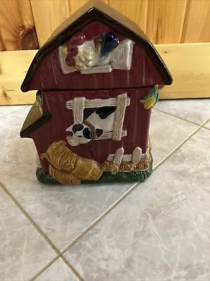 HOMESPUN HOLIDAY Collection 11” Ceramic Red Barn Cookie Jar W/Farm Animals • $19.95