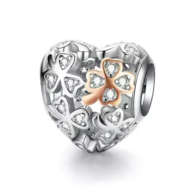 $28.99 • Buy SOLID Sterling Silver Rose Gold Lucky Clover Heart Charm  By YOUnique Designs