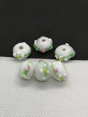 £3.35 • Buy 6 Daisy Lampwork Rondelle Beads Approx 13~14.5x10~11mm, 2.2~2.8mm Hole (MYGL 68)