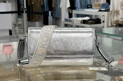 Michael Kors Jet Set Item Large Zip Around Wallet Crossbody Bag Silver • $86