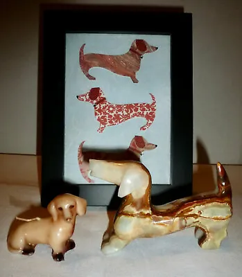 Lot Of 3 Dachshund Dog Items - Carved Onyx Stone Figurine Candle & Framed Art • $38.50