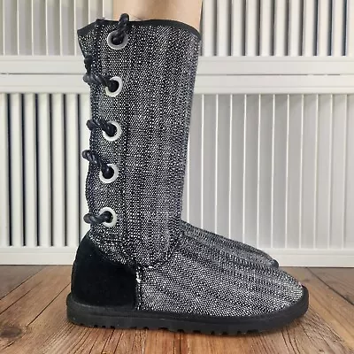 UGG Australia Harbour Womens Sz 6 Black Gray Tweed Wool Lined Tall Lace Up Boots • $29