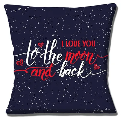 I Love You To The Moon & Back Cushion Cover 16 Inch 40cm Navy Red Hearts White • £10.95