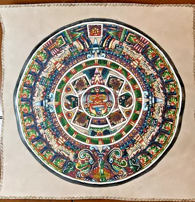 Vintage Hand Painted Aztec Mayan Calendar / Sun Stone On Suede EUC! • $19.99