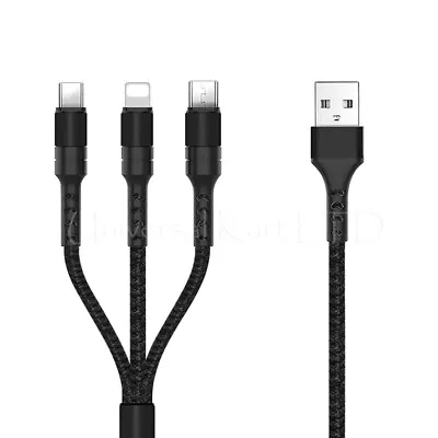 3 In 1 Multi USB Braided Charger Cable For IPhone Micro USB Type C Charging Sync • £3.99