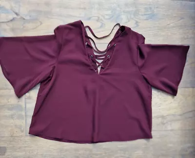 Ladies Miss Selfridge Maroon Cropped Top Size 10 With Low Shoe Lace Back Detail • $6.17