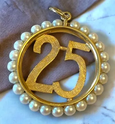 VINTAGE 14k Gold LARGE Custom Pearl “25” Years Charm Pendant One Of A Kind! • $1200